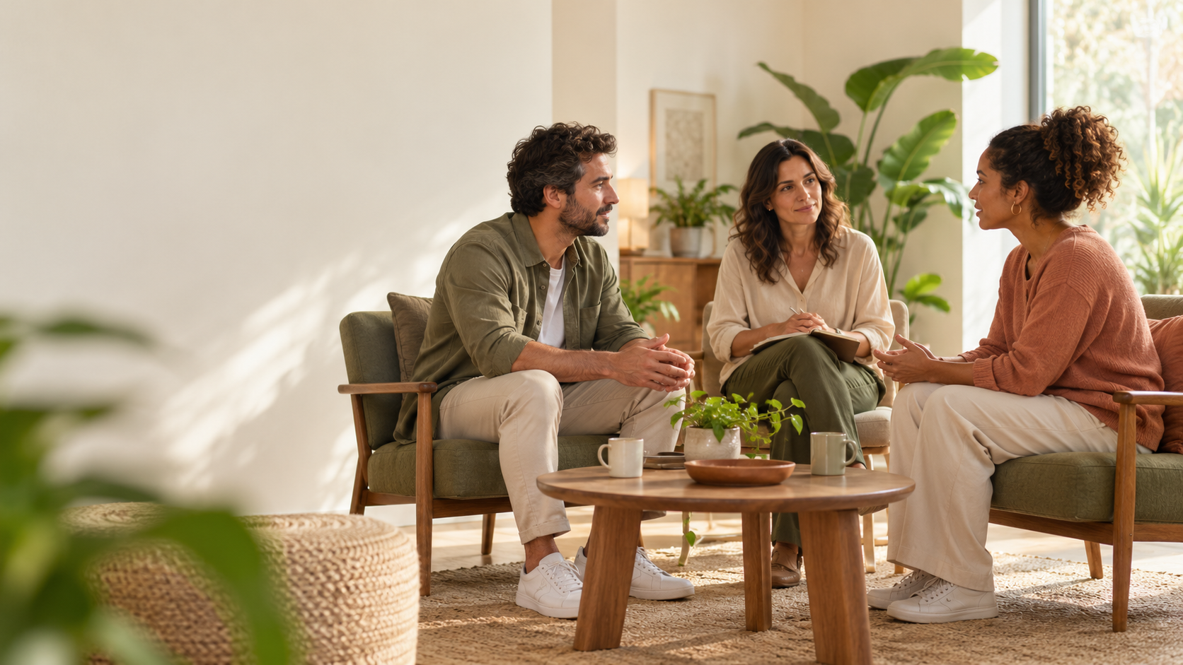 Personas conversando con escucha y mediación
